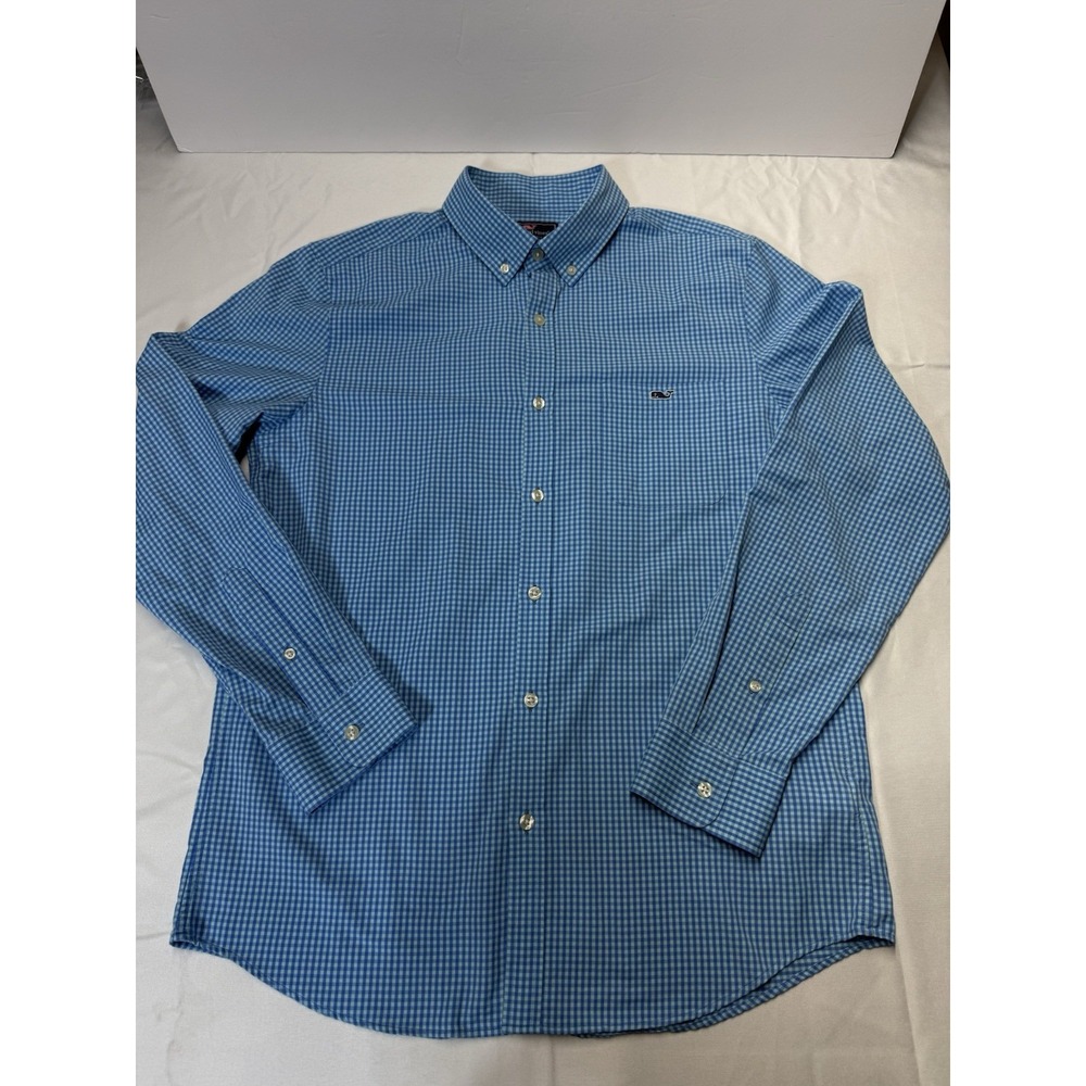 Vineyard Vines Slim Fit Tucker Shirt Mens Large Blue Gingham Performance Stretch